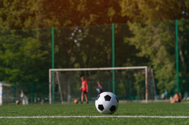 istock Traditional soccer ball on green grass playground. 868830516