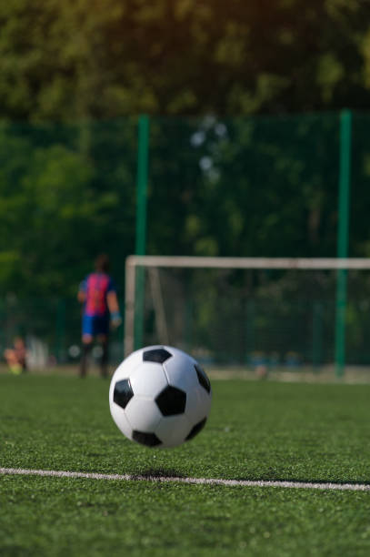 istock Traditional soccer ball on green grass playground. 868832874