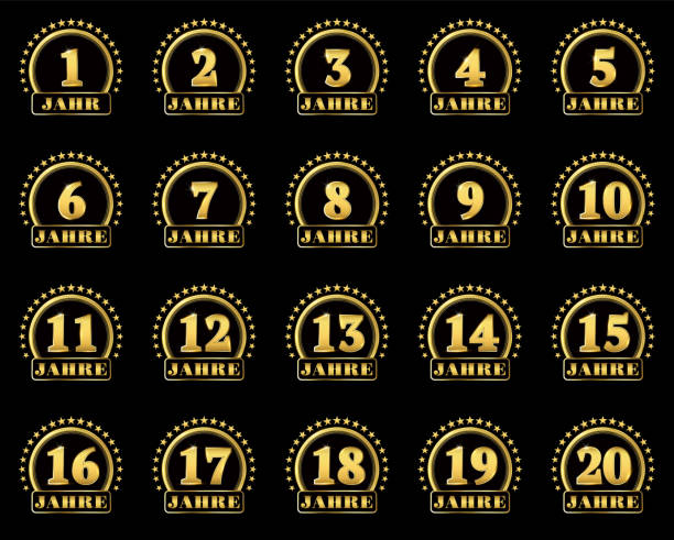 ilustrações, clipart, desenhos animados e ícones de conjunto de ouro números de 1 a 20 e a palavra do ano decorado com um círculo de estrelas. ilustração em vetor. traduzido do alemão - anos - 7 10 years