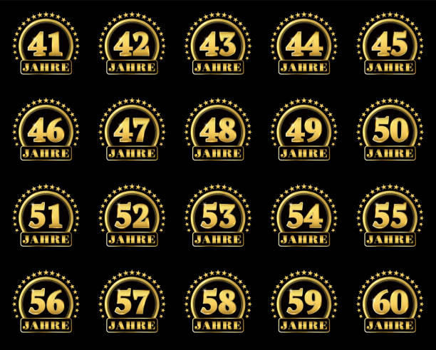 ilustrações de stock, clip art, desenhos animados e ícones de set of gold numbers from 41 to 60 and the word of the year decorated with a circle of stars. vector illustration. translated from german - years - year number 50 50 55 years 45 50 years