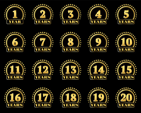 Set of gold numbers from 1 to 20 and the word of the year decorated with a circle of stars. Vector illustration.