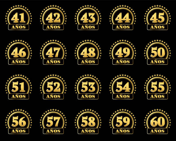 ilustrações de stock, clip art, desenhos animados e ícones de set of gold numbers from 41 to 60 and the word of the year decorated with a circle of stars. vector illustration. translated from spanish - years - year number 50 50 55 years 45 50 years