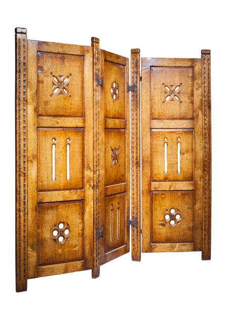 Wooden folding screen isolated on white background. stock photo