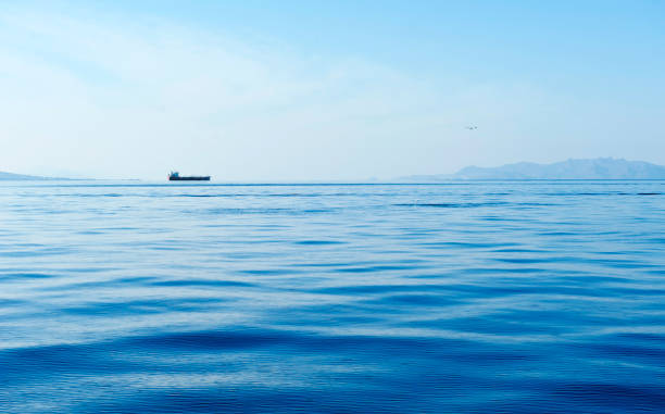 nave portacontainer cargo - horizon over water horizontal surface level viewpoint foto e immagini stock