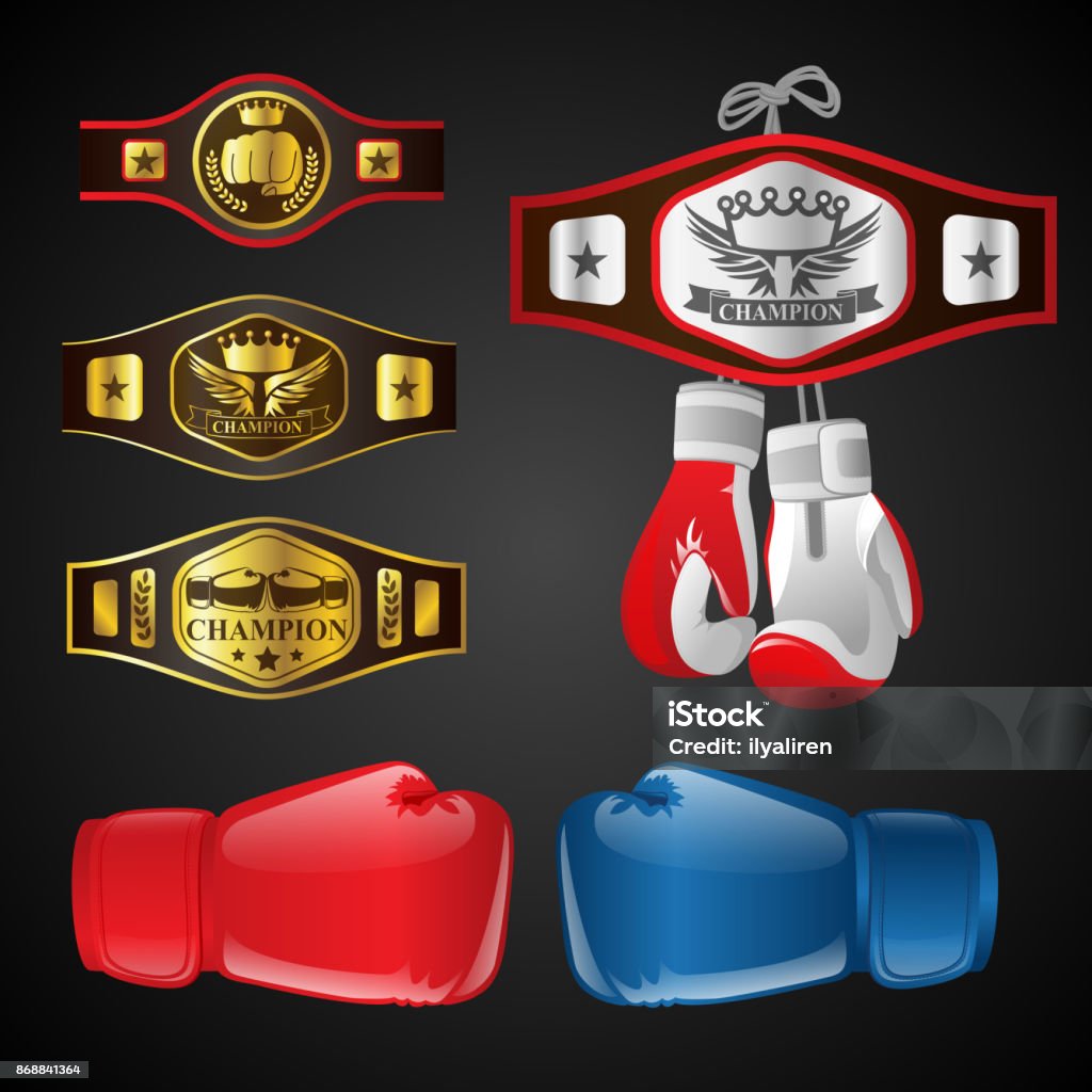 Set of MMA objects - modern vector realistic isolated clip art Set of MMA objects - modern vector realistic isolated clip art on dark background. Mixed Martial Arts items: boxing gloves, champion's belts, awards with titles and emblems. Blue and red mittens Belt stock vector