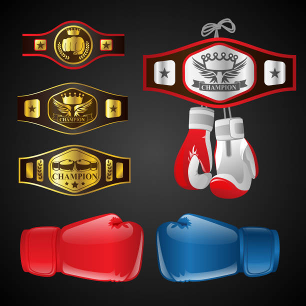 Set of MMA objects - modern vector realistic isolated clip art Set of MMA objects - modern vector realistic isolated clip art on dark background. Mixed Martial Arts items: boxing gloves, champion's belts, awards with titles and emblems. Blue and red mittens wrestling stock illustrations