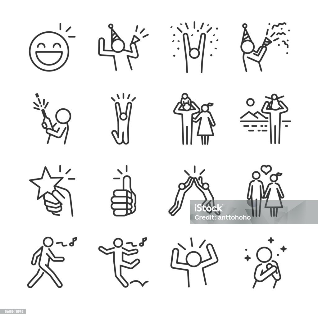 Conjunto de iconos de línea feliz. Incluye los iconos como diversión, disfrutar, fiesta, buen humor, celebrar, éxito y mucho más. - arte vectorial de Ícono libre de derechos