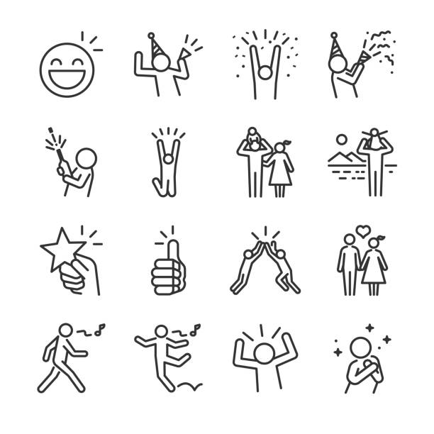 ilustraciones, imágenes clip art, dibujos animados e iconos de stock de conjunto de iconos de línea feliz. incluye los iconos como diversión, disfrutar, fiesta, buen humor, celebrar, éxito y mucho más. - alegre