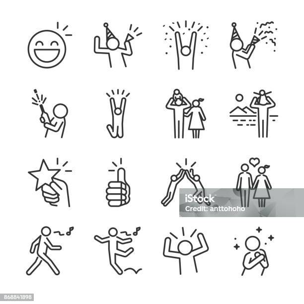 Happy Line Icon Set Included The Icons As Fun Enjoy Party Good Mood Celebrate Success And More Stock Illustration - Download Image Now