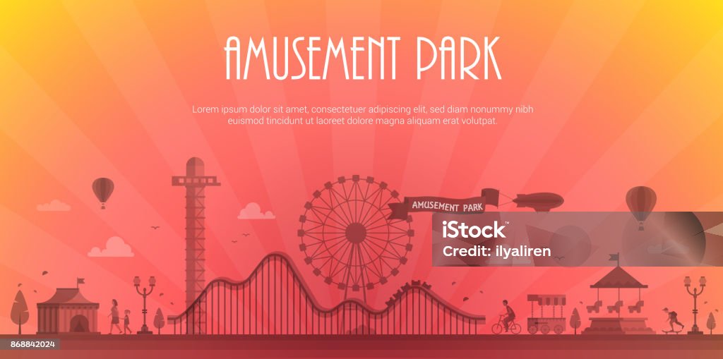 Amusement park - modern vector illustration with place for text Amusement park - modern vector illustration with place for text. Landscape silhouette. Big wheel, attractions, benches, lanterns, trees, circus pavilion, carousel, people. Hot air balloon, airship Amusement Park stock vector