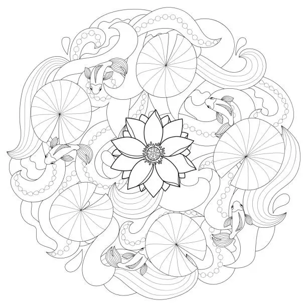 Vector illustration of Lotus and fishes coloring page