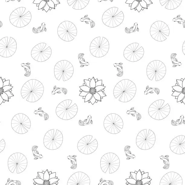 Vector illustration of Lotus and fishes seamless pattern