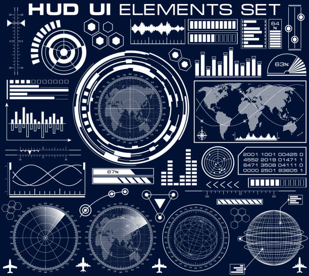 Set of futuristic graphic user interface HUD Set of futuristic graphic user interface HUD. Infographic design UI elements and radar screens. Head up display vector illustration. flight radar screen stock illustrations
