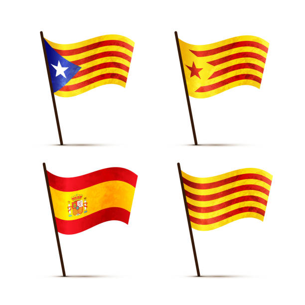 набор свободных каталонский, senyera, estelada blava и испании флаги на полюсе с тенью изолированы на белом - girona stock illustrations