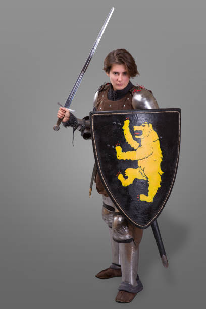 девушка в доспехах с мечом рыцарь wuth щит на сером фоне - battle dress стоковые фото и изображения