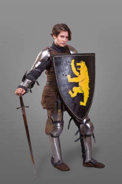 istock Girl in armor with a sword knight wuth shield over grey background 868853336