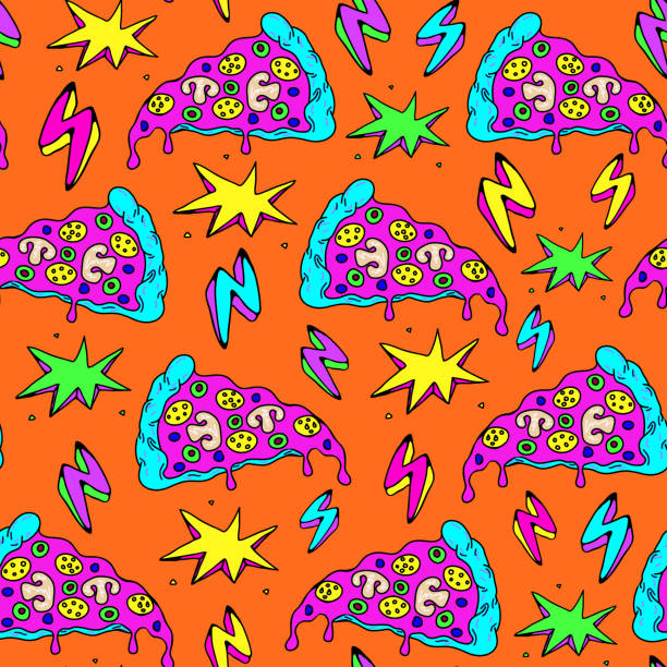 verrückte musterdesign mit patches, aufkleber, buttons und pins mit pizzastücke, blitzschlag und bunte explosionen. orange hinterlegt. - psychedelic funky yellow orange stock-grafiken, -clipart, -cartoons und -symbole