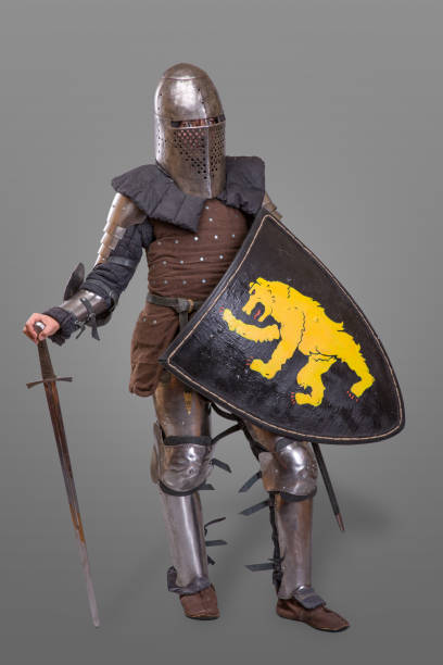 istock Medieval knight with Sword, Shield, Helmet against grey background 868853978
