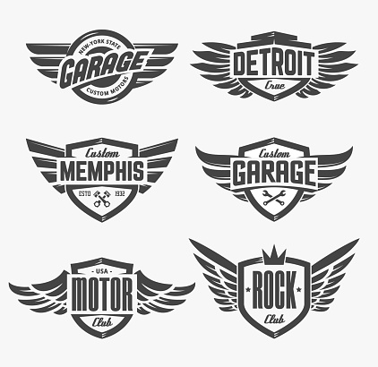Set of retro emblems with wings. Stylish and brutal emblems for rock, biker, custom garage theme. Vector emblem templates.