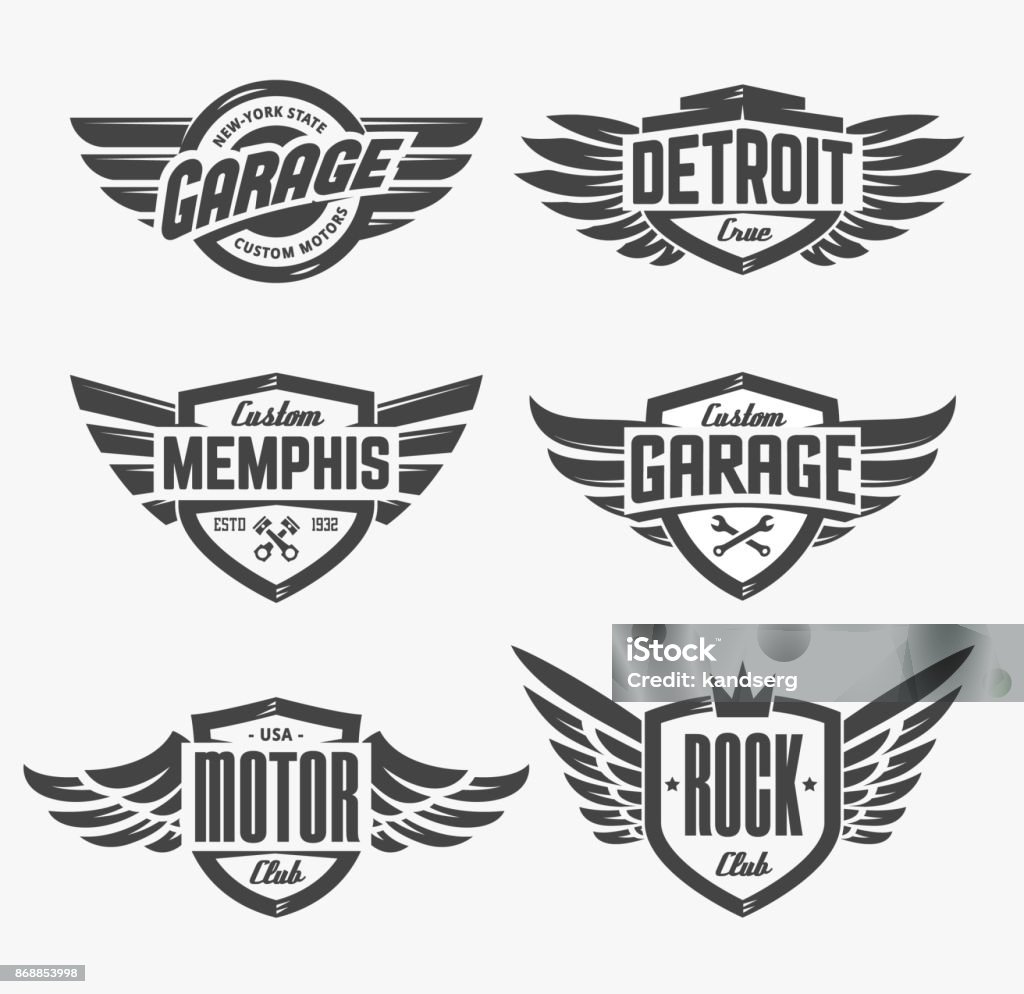 Emblems with Wings Set Set of retro emblems with wings. Stylish and brutal emblems for rock, biker, custom garage theme. Vector emblem templates. Animal Wing stock vector