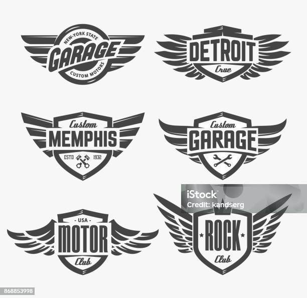 Emblems With Wings Set Stock Illustration - Download Image Now - Animal Wing, Motorcycle, Badge