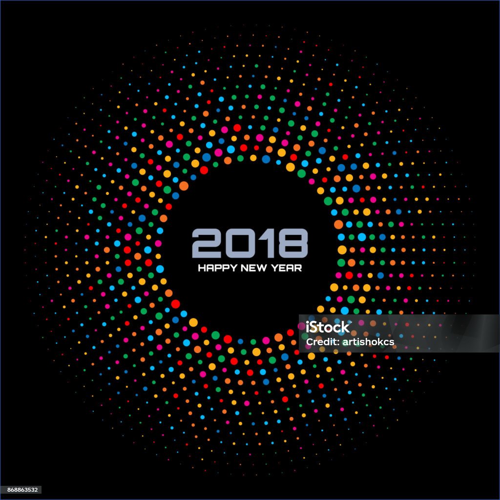 Neue Jahr 2018 Card Background. Leuchtend bunte Disco Lichter Halbton Kreis Rahmen auf schwarzem Hintergrund isoliert. Runde Rahmen mit Regenbogen Farben Konfetti Kreis Punkte Textur. Vektor-Illustration. - Lizenzfrei Diskokugel Vektorgrafik