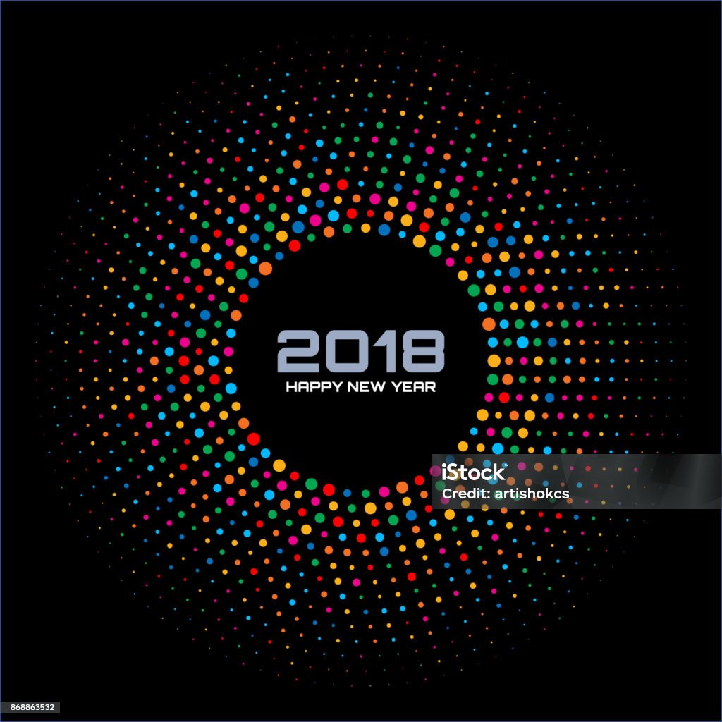 New Year 2018 Card Background. Bright Colorful Disco Lights Halftone Circle Frame isolated on black background. Round border using rainbow colors confetti circle dots texture. Vector illustration. Disco Ball stock vector