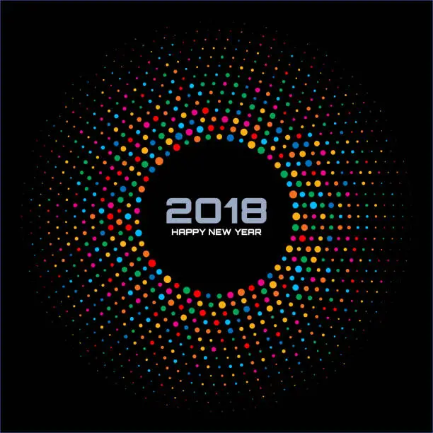 Vector illustration of New Year 2018 Card Background. Bright Colorful Disco Lights Halftone Circle Frame isolated on black background. Round border using rainbow colors confetti circle dots texture. Vector illustration.