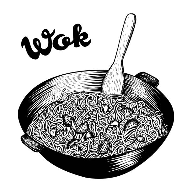Asian Chinese food noodles cooked in wok pan, hand drawn black and white vector illustration, engraved art scratch drawing, good for fastfood restaurant menu or advertisement.