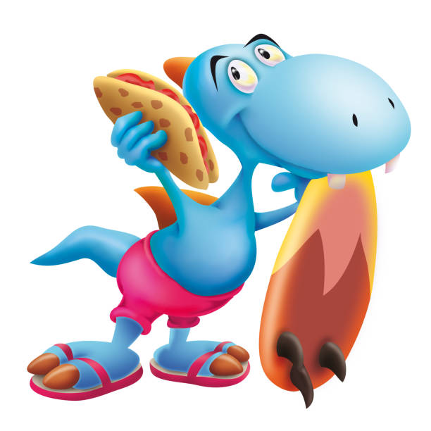 illustrazioni stock, clip art, cartoni animati e icone di tendenza di dinosauro con tavola da surf e tortilla - piadina