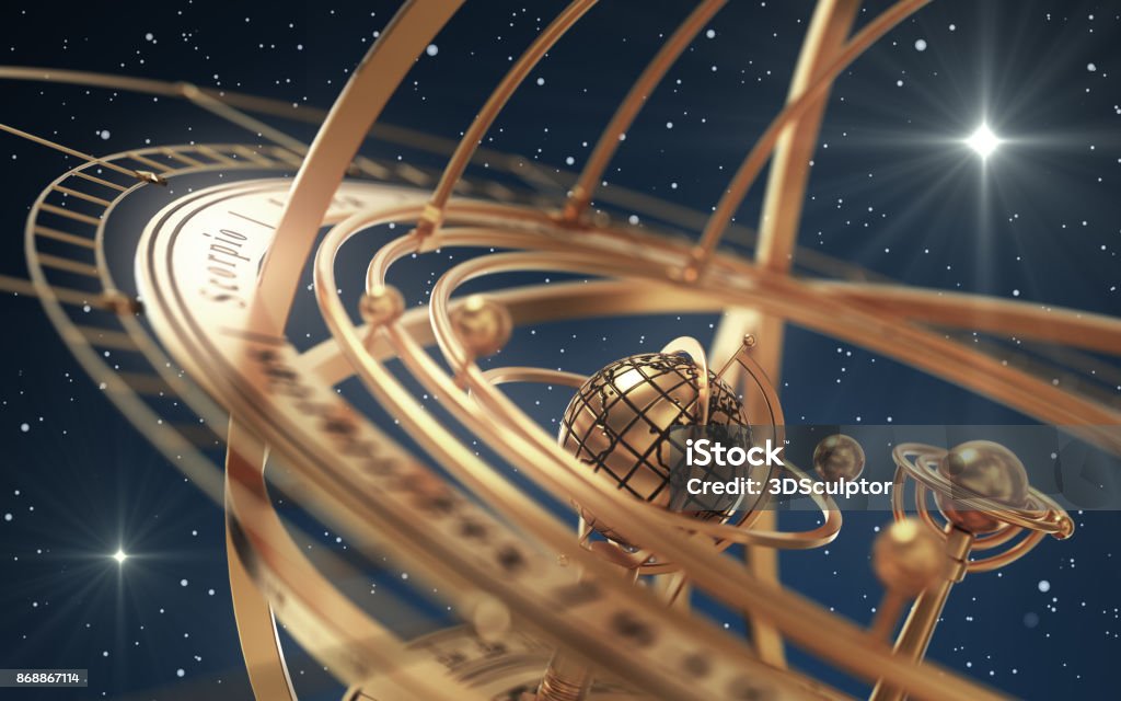 Armillary Sphere And Stars On Blue Background Armillary Sphere And Stars On Blue Background. 3D Illustration. Astrology Stock Photo