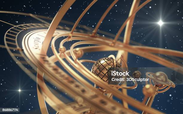 Armillary Sphere And Stars On Blue Background Stock Photo - Download Image Now - Astrology, Calendar, Sun