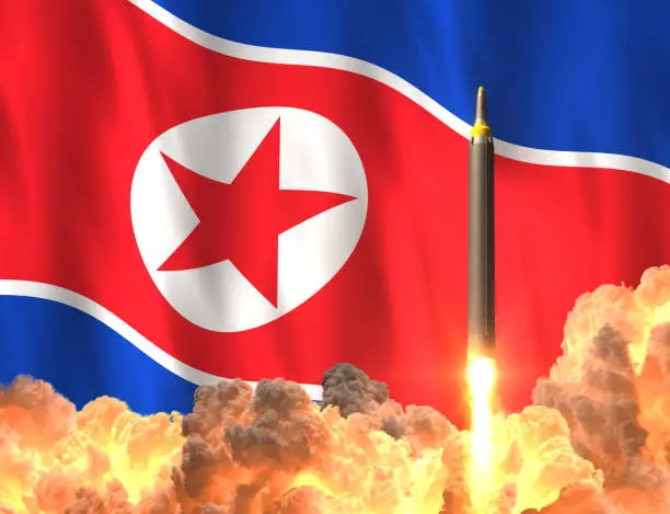 Rocket Launch On The Background Of North Korean Flag. 3D Illustration.