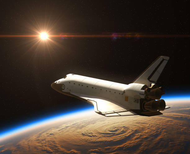 Space Shuttle On The Background Of Rising Sun. 3D Illustration.