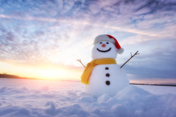Funny snowman in Santa hat and yellow scalf on snowy field. Merry Christmass and happy New Year!