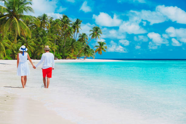 istock happy loving couple walk on beach 868873186