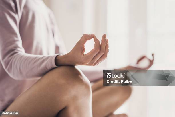 Frau Zu Hause Meditieren Mädchen Üben Yoga Im Yogakurs Stockfoto und mehr Bilder von Meditieren