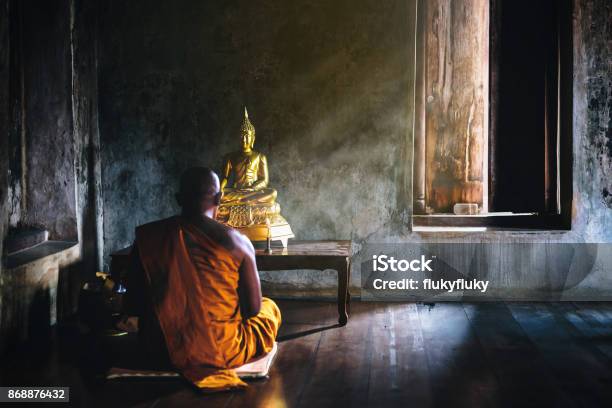 A Monk Is Worshiping And Meditating In Front Of The Golden Buddha As Part Of Buddhist Activitiesfocus On The Buddha Stock Photo - Download Image Now