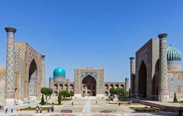 Panoramic view of Registan square - Samarkand, Uzbekistan stock photo