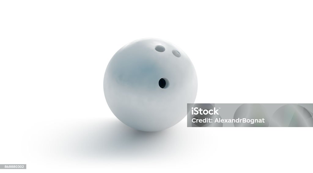 Blank white bowling ball mockup, front view, 3d rendering Blank white bowling ball mockup, front view, 3d rendering. Empty bowl game sphere mock up, isolated. Clear leisure sport equipment design template. Plain shiny orb with 3 holes for recreation activity Bowling Ball Stock Photo