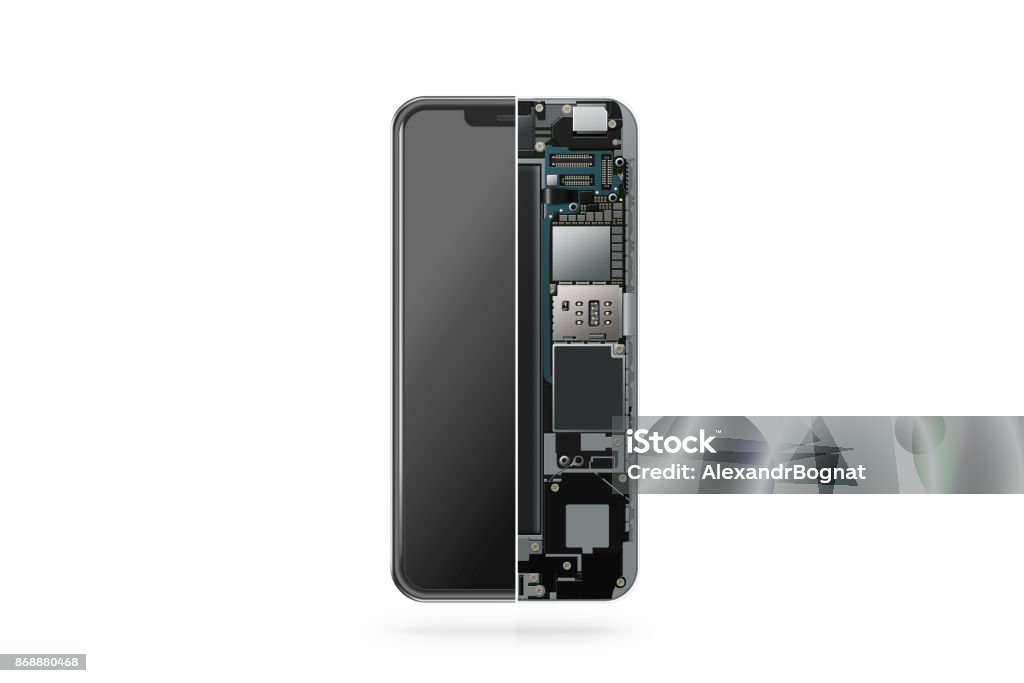 Nuovo moderno smartphone interno isolato, chip, scheda madre - Foto stock royalty-free di Telefono