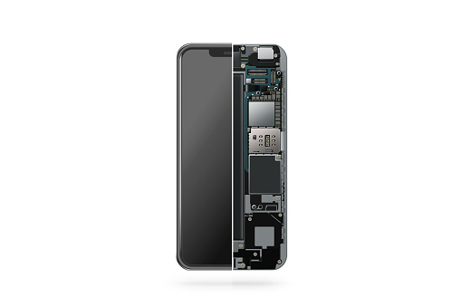New modern smart phone internal isolated, chip, motherboard, processor, cpu and details, 3d rendering. Smart phone component repair. Cellphone chipset inside. Telephone scecification disassembled