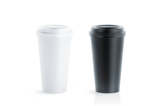 Blank black and white disposable paper cup with plastic lid Blank black and white disposable paper cup with plastic lid mock up isolated, 20 oz, 3d rendering. Empty polystyrene coffee drinking mug mockup front view. Clear plain tea take away package big cardboard box stock pictures, royalty-free photos & images