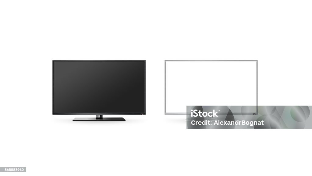 TV lcd flat screen mock up isolated, black and white set TV lcd flat screen mock up isolated, black and white set, 3d rendering. Hd telly monitor mockup front view. Modern electronic multimedia panel mock-up. Display television digital boxes. Television Industry Stock Photo