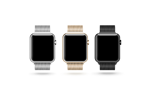 Smart watch blank screen mock up isolated, silver, gold and black, 3d rendering. Steel hand clock mockup metal band. Smartwatch design presentation empty display template. Sport wrist device bracelet.