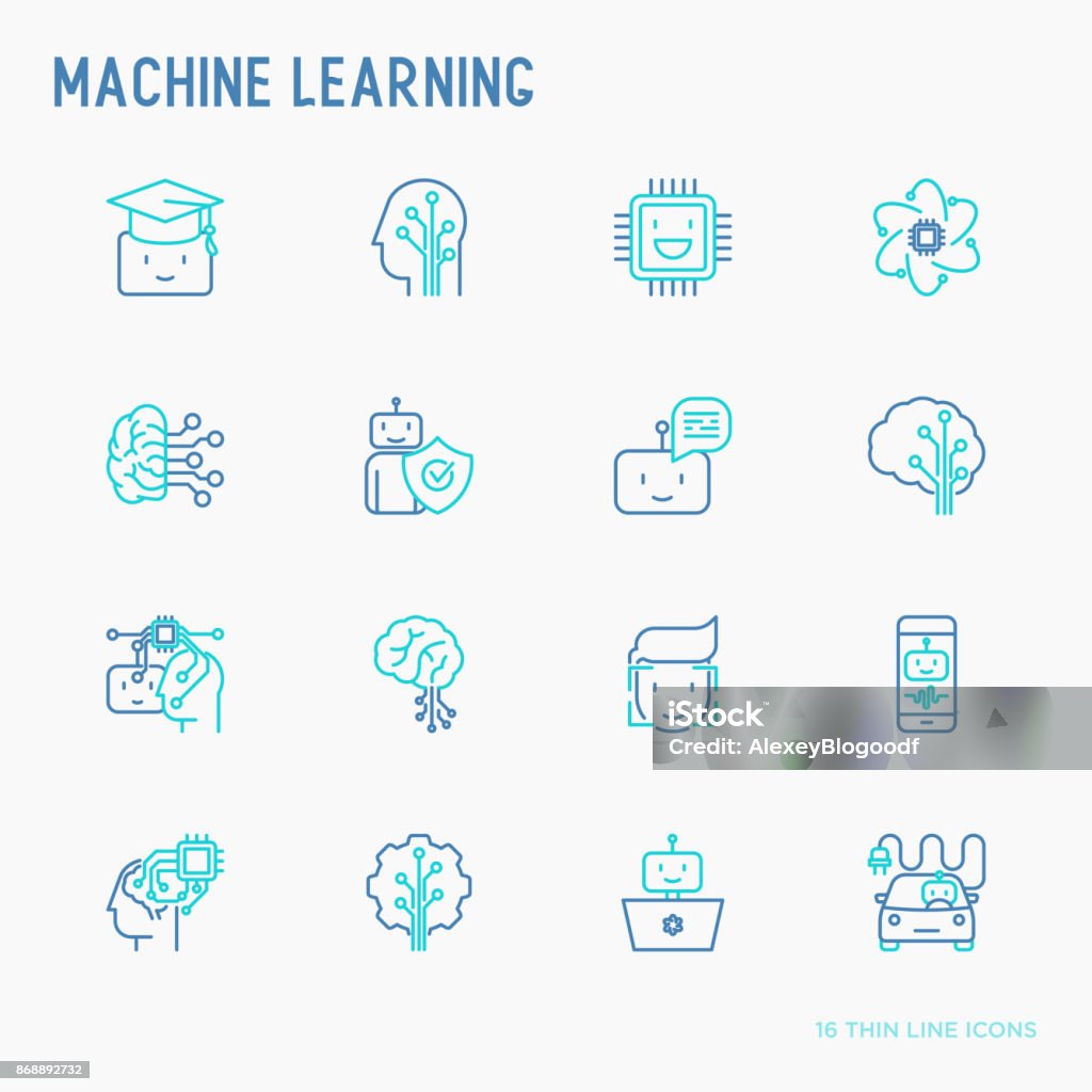 Icônes de machine learning et intelligence artificielle de fine ligne définies. Illustration vectorielle pour la bannière, page web, presse écrite. - clipart vectoriel de Icône libre de droits