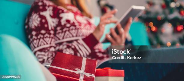 Christmas Presents On The Sofa Stock Photo - Download Image Now - Christmas, Shopping, Online Shopping