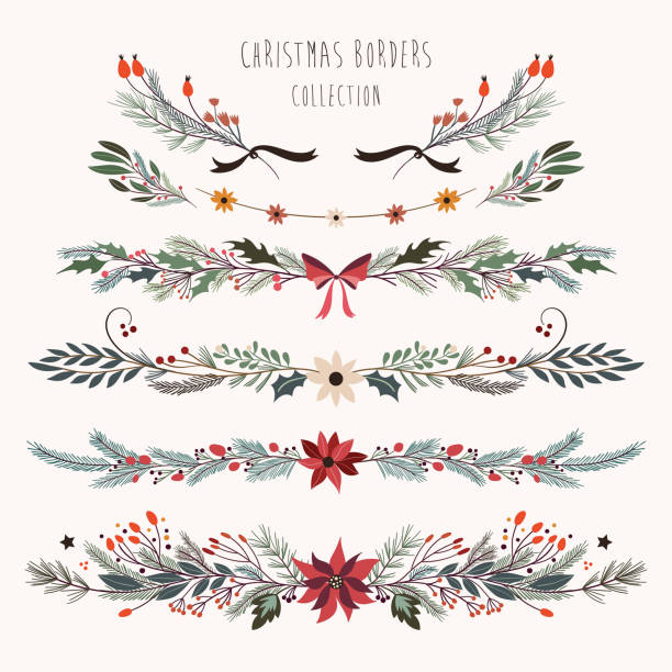 Christmas decorative branches Christmas decorative borders with hand drawn floral branches garland stock illustrations