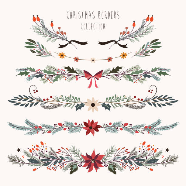 Christmas decorative branches Christmas decorative borders with hand drawn floral branches christmas stars stock illustrations