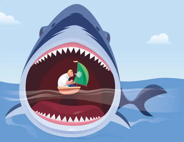 Vector illustration of angry shark attacking businessman